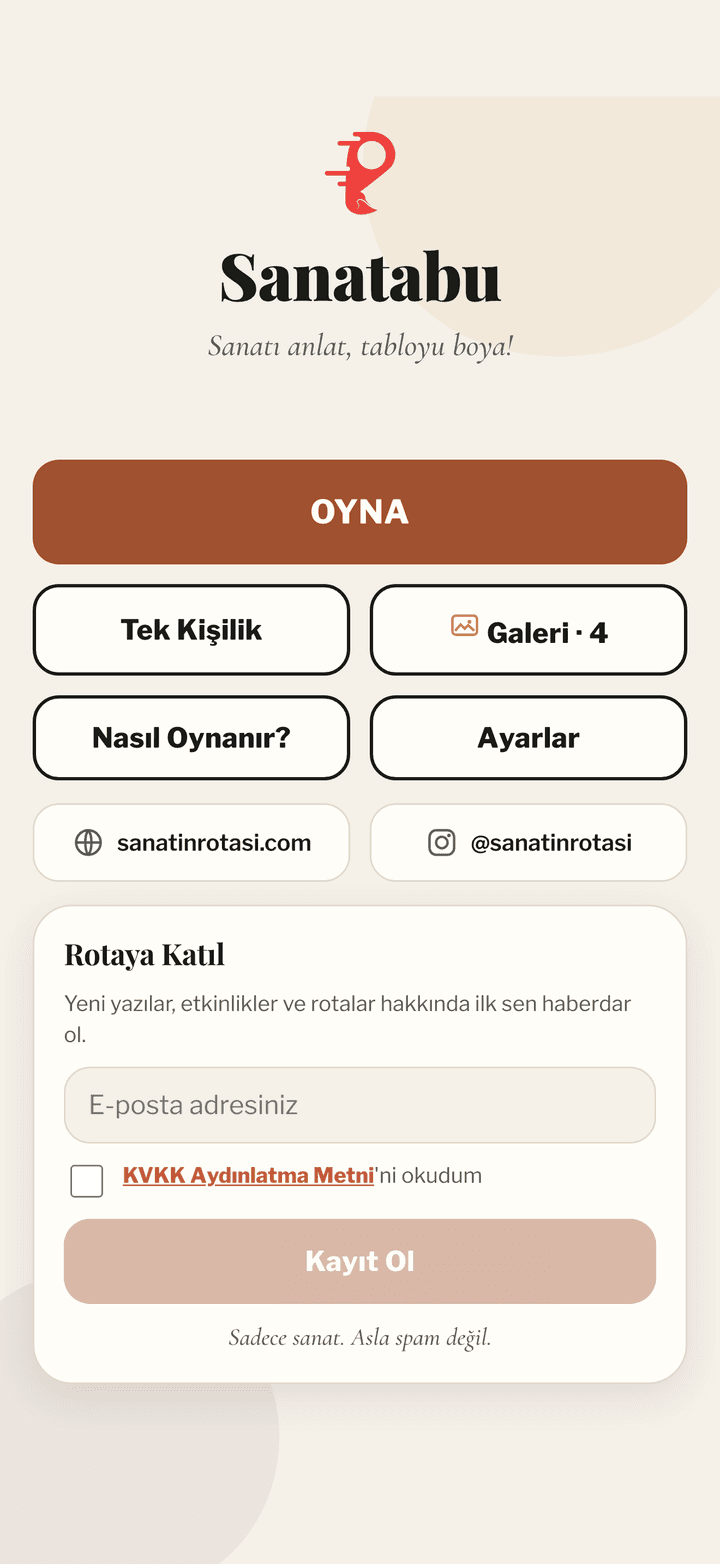 Sanatabu uygulamasının ana ekranı